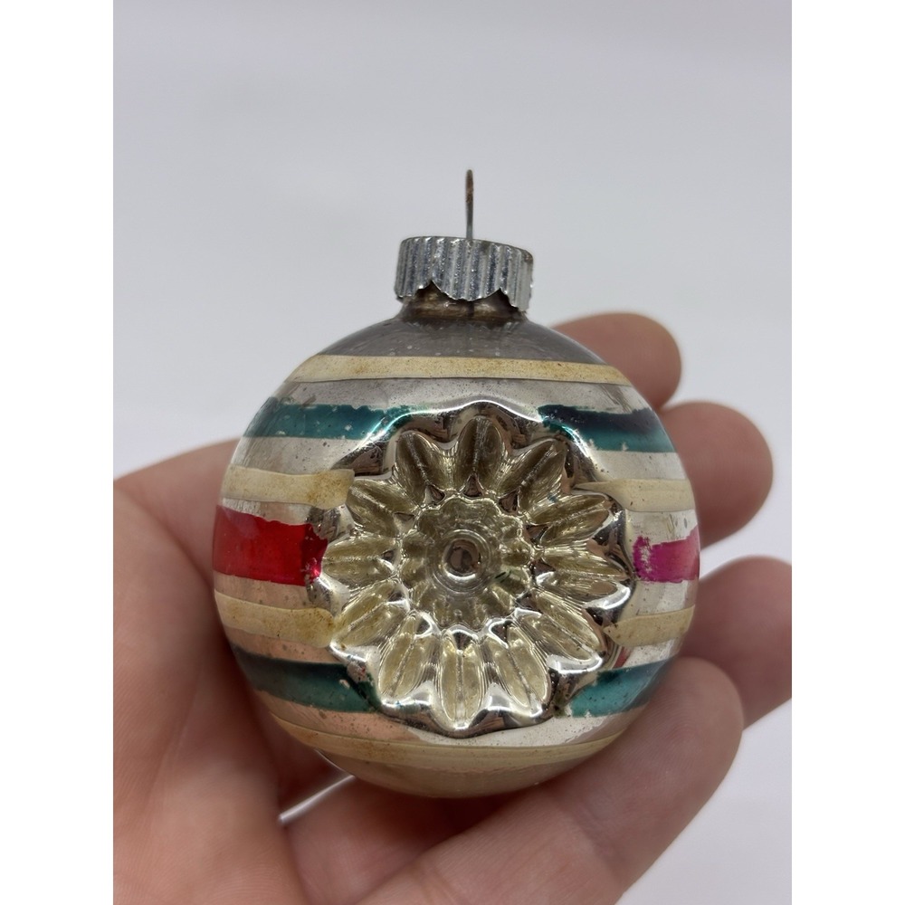 Shiny Brite Ornament Double Indent Silver Pink Green White Star Sunburst